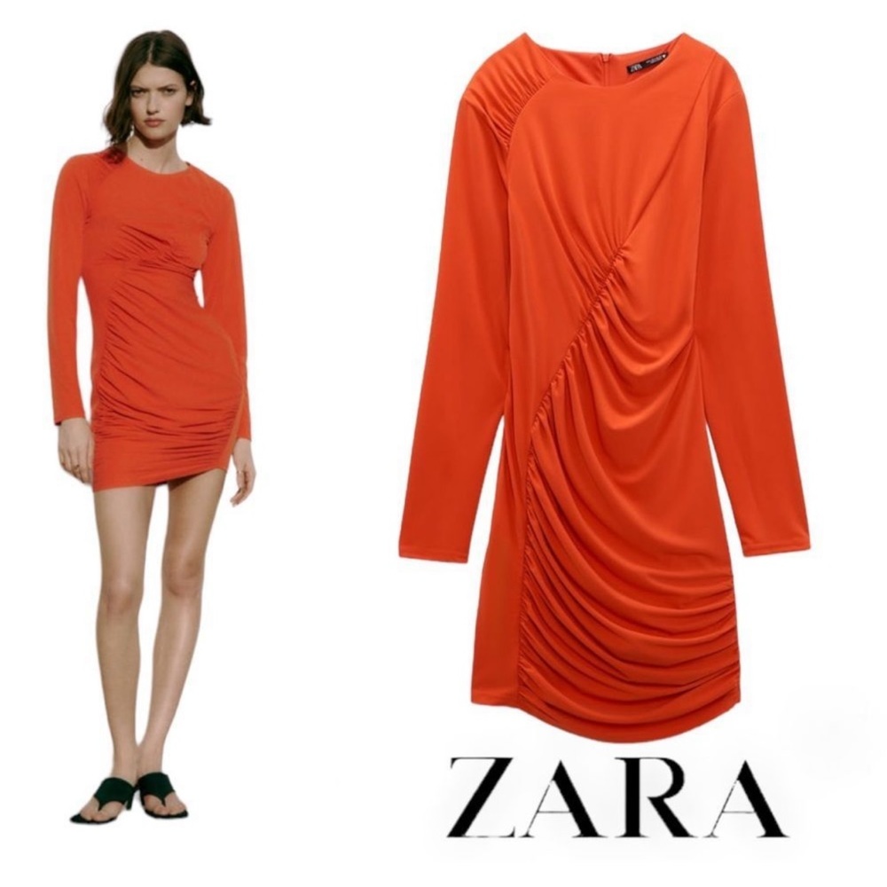 NWT Zara Orange ruched Mini dress size Large